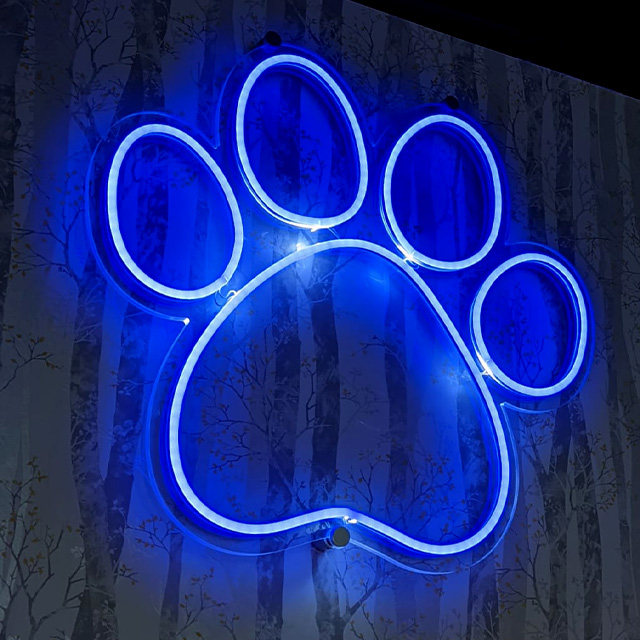 blue neon paw print sign Pet Pantry