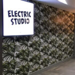 Illuminated Electric Studio lightbox on palm frond wallpaper wall